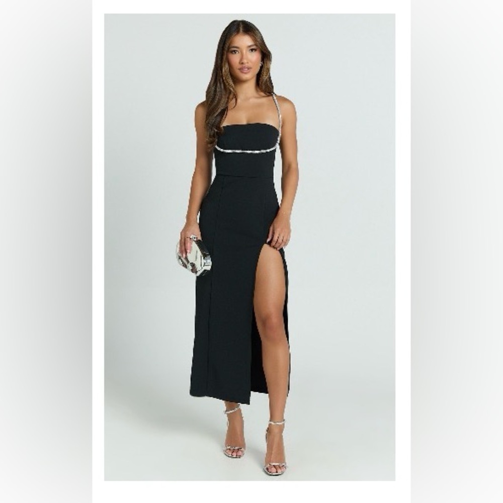 Showpo Black Strapless Evening Dress with Silver Trim